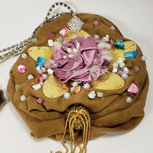 Brown Coin Purse with Pink Satin Flower, Gems & Gold Leaf – Statement Mini Bag - Picture 3 of 12